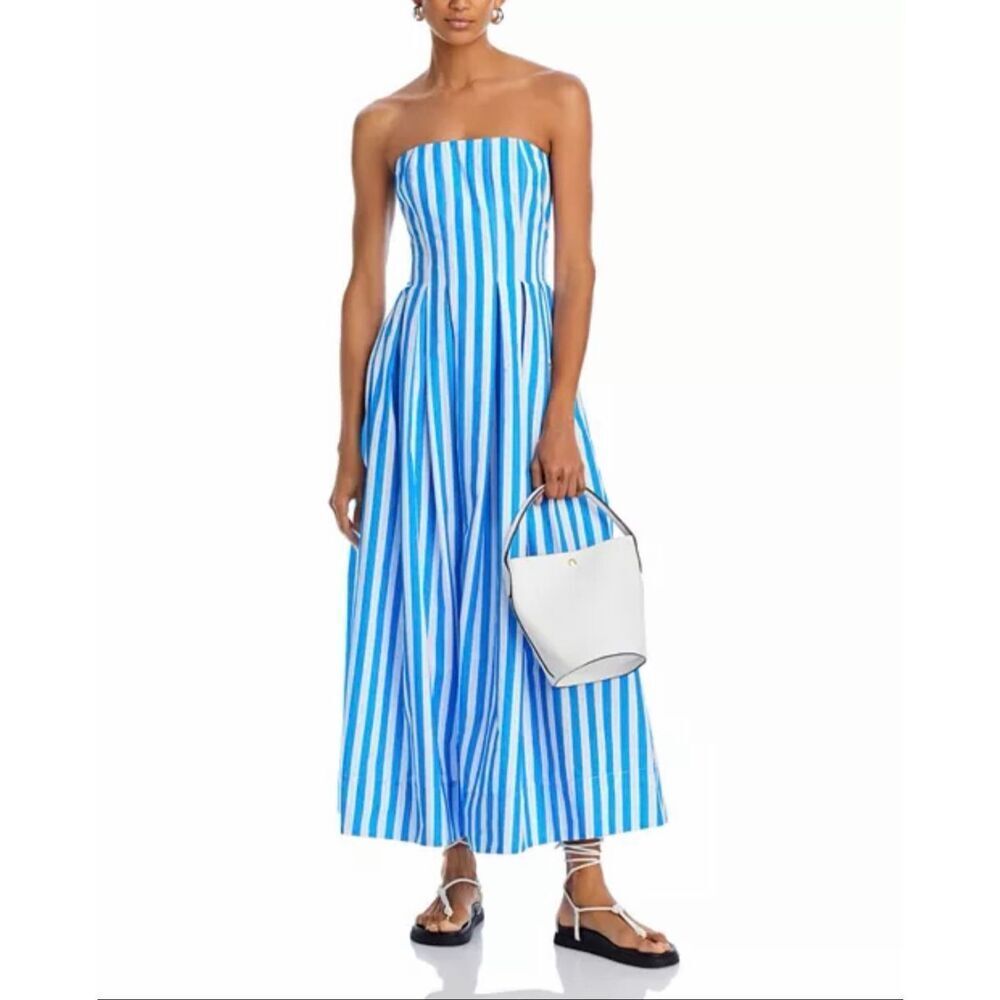 Aqua Blue and White Strapless Vertical-Stripe Maxi Dress